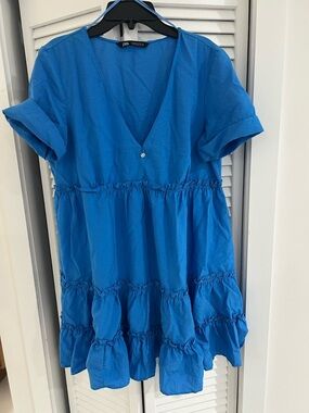 Zara Blue V-Neck Tiered Mini Dress